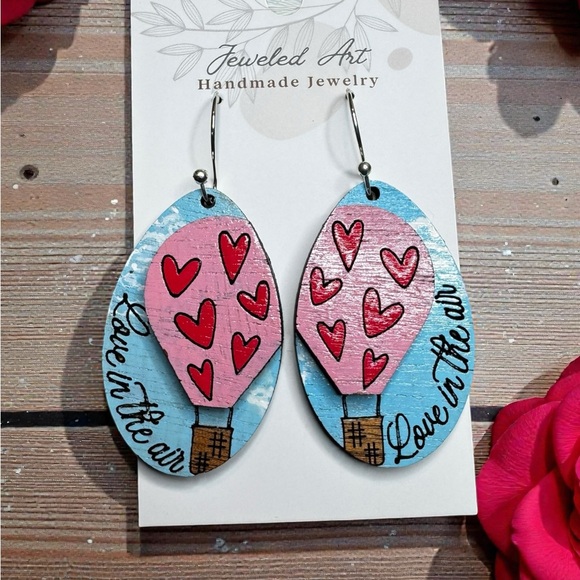 Jeweled Art Jewelry - Jeweled Art Hand-Painted Love in the Air Balloon Earrings Wood Engraved